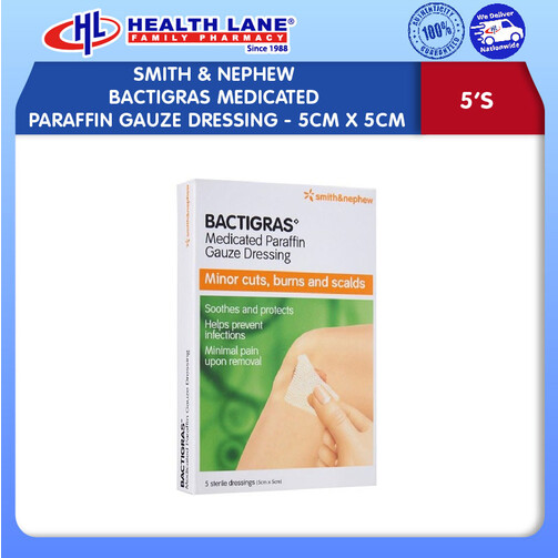 SMITH & NEPHEW BACTIGRAS ANTISEPTIC PARAFFIN DRESSING 5CMx5CM (5'S)